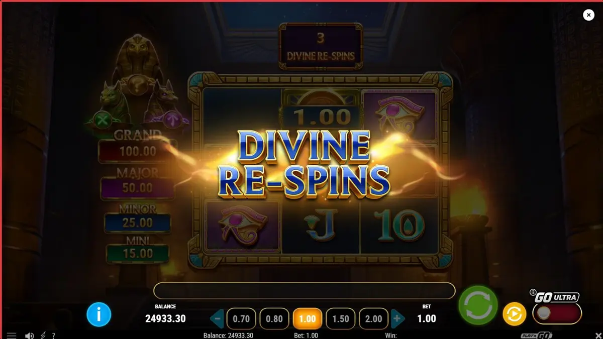 Temple of Three slot game atmosphere featuring ancient Egyptian tomb with glowing torches and golden statues.